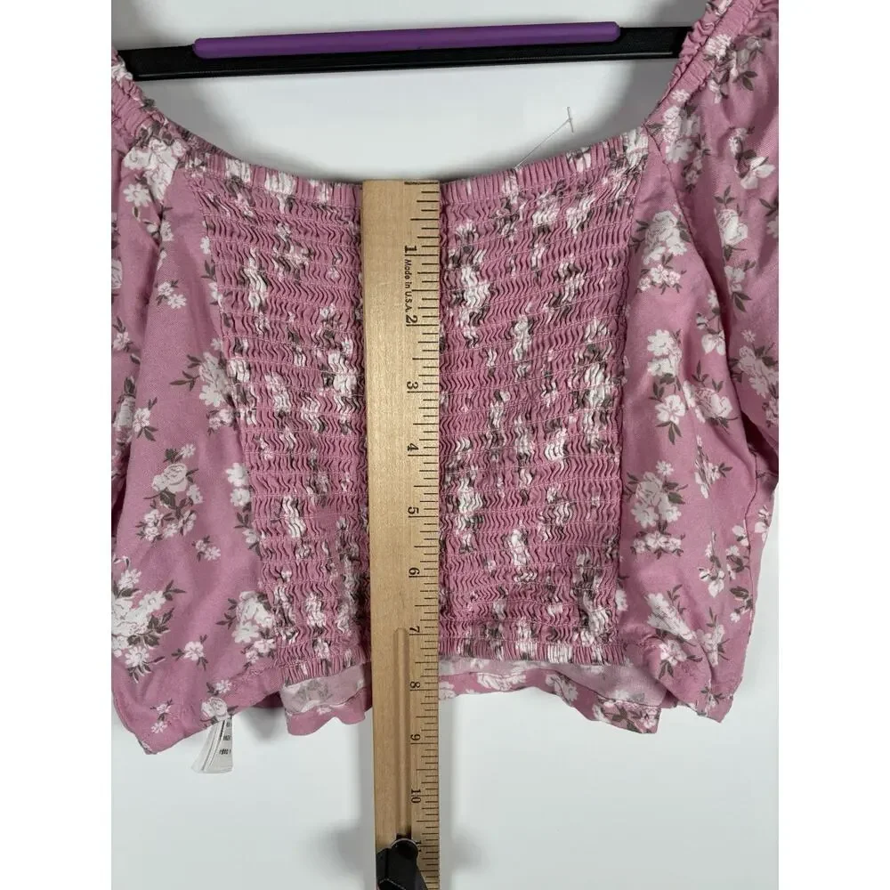 Hollister Pink Floral Puff Sleeve Crop Top Women Small Babydoll New Fairy